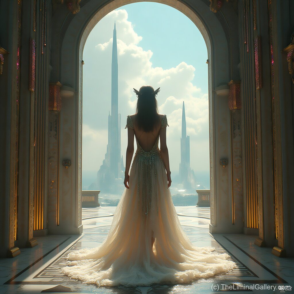 A radiant queen presides over a towering celestial realm, blending regal elegance with heavenly beauty.